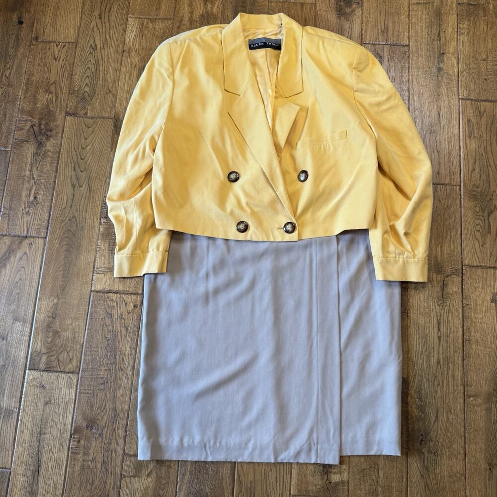 VTG Linda Allard Ellen Tracy Skirt Suit 100% Silk Yellow Beige Womens Sz 16